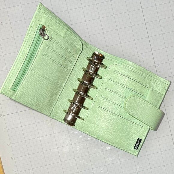 Moterm 6 Ring Sage Green Leather Compact Planner Wallet Binder w/Bag+Flyleaf+Pgs - Picture 3 of 10